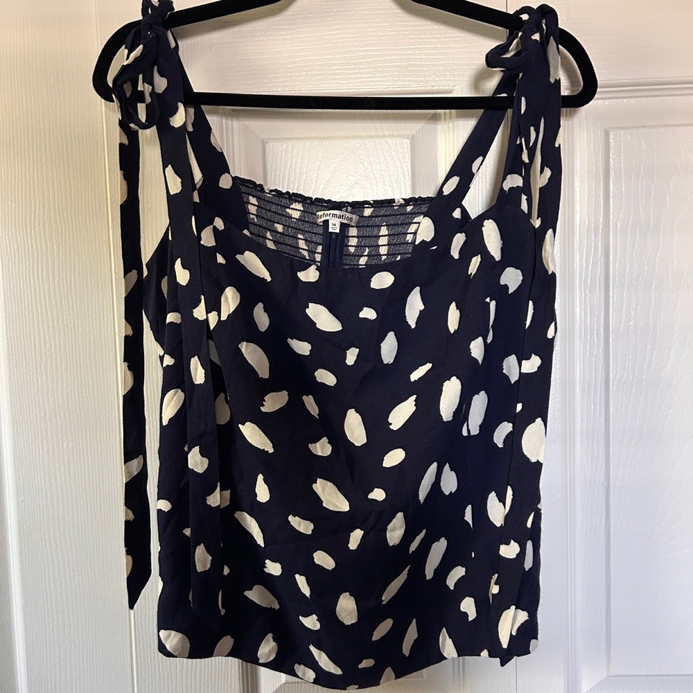 Reformation Navy and White Tie-Shoulder Camisole